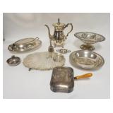 1319	LOT OF SILVER PLATE W/SERVING PIECES, ETC, TEAPOT IS 10 1/4 IN