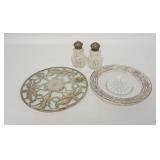 1327	LOT W/STERLING SILVER, CUT GLASS SALT & PEPPER SHAKERS W/STERLING SILVER TOPS, SILVER OVERLAY H