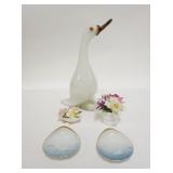 1328	LOT-GLASS GOOSE, PORCELAIN FLOWERS & 2 B&G SMALL DISHES, GOOSE IS 10 1/2 IN HIGH
