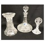 1339	3 PIECE CRYSTAL LOT; DECANTER, CANDLE HOLDER, & PERFUME BOTTLE. TALLEST IS 10 3/4 IN H 