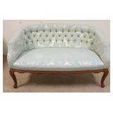 1365	SCROLL FOOT UPHOLSTERED LOVE SEAT AQUA BROCADE W/ TUFTED BACK 50 IN W