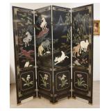 1370	4 PART ASIAN FOLDING SCREEN, HAND PAINTED W/ RELIEF DECORATIONS OF HORSES, BACK IS ALSO DECORAT