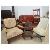 1374	6 PIECE FURNITURE LOT, 2 PIECE VICTORIAN PARLOR SET, SOFA IS 57 IN WIDE, AS FOUND, 2 CHILDS ROC