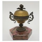 1004	VICTORIAN DESK TOP HOTEL/SERVANT BELL , URN FORM WITH ROSE TOP ON MARBLE BASE, BELL IS RUNG BY 