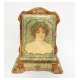 1011	ANTIQUE VICTORIAN CELLULOID PARLOR TABLE TOP PHOTO ALBUM W/ONE DRAWER AND MIRROR BACK, 18 IN HI