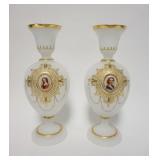 1015	PAIR OF SATIN GLASS BRISTOL VASES W/HAND PAINTED MEDALLION PORTRAITS & GILT ACCENT TRIM, 12 IN 