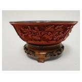 1016	CHINESE RED CINNABAR BOWL W/BLUE CLOISONNE INTERIOR ON WOOD STAND, 6 3/4 IN X 4 IN