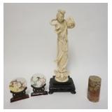 1023	4 PIECE ASIAN LOT, CARVED STONE STAMP, COMPOSITE STATUE & 2 SMALL DISKS IN WOOD HOLDERS W/IMAGE