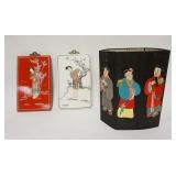 1024	ASIAN LOT, 2 LACQUERED SCREENS W/ APPLIED STONE CARVINGS & SEWN CLOTH ASIAN FIGURES