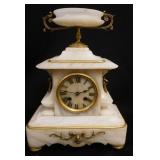 1039	FRENCH MARBLE MANTLE CLOCK HAVING AN URN SHAPED CREST W/MOUNTED BRONZE ACCENTS, 10 IN X 13 IN H