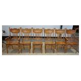 1044	SET OF 6 CONTEMPORARY PRESS BACK OAK CHAIRS, 2 ARM & 4 SIDE, ONE BACK LEG OF A SIDE CHAIR HAS B