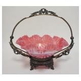 1053	NORTHWOOD CRANBERRY OPALESCENT POINSETTA BRIDES BASKET, IN A WILCOX HOLDER, BOWL IS 10 1/2 IN D