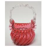 1054	CRANBERRY SWIRL THORN HANDLE ART GLASS BASKET, POLISHED PONTIL, 7 1/2 IN WIDE X 8 IN HIGH