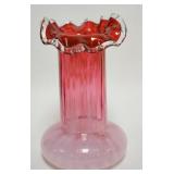 1055	CRANBERRY OPALESCENT VASE W/MICA FLECKS & CRYSTAL RIM, POLISHED PONTIL, 9 3/4 IN HIGH
