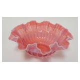 1056	CRANBERRY OPALESCENT STRIPE RUFFLED BOWL, 10 1/2 IN DIAMETER