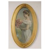 1063	PRINT OF A LADY W/BOUQUET OF ROSES IN AN OVAL GILT FRAME W/BRASS TRIM, 14 IN X 23 3/4 IN INCLUD