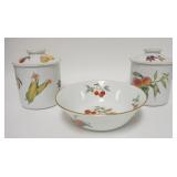 1065	ROYAL WORCESTER EVESHAM BOWL & 2 CANISTERS, BOWL IS 10 IN DIAMETER, CANISTERS ARE 7 1/2 IN HIGH