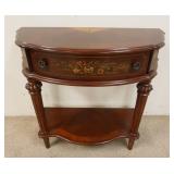 1077	BUTLER INLAID & DECORATED DEMILUNE TABLE, ONE DRAWER, HAS A SHELF AT THE BASE, FLUTED LEGS, HAS