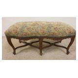1080	UPHOLSTERED WINDOW BENCH, CARVED & STRETCHER BASE, 40 IN X 17 IN X 20 IN HIGH