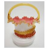 1083	ART GLASS BASKET W/APPLIED LEAF DECORATION, APPLIED AMBER RIM & HANDLE, POLISHED PONTIL, 8 1/2 