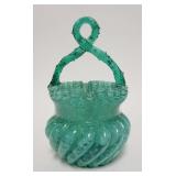 1084	ART GLASS BASKET W/THORN HANDLE, WHITE SPATTER ON AQUA, ROUGH PONTIL, 8 1/2 IN HIGH