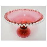 1085	LARGE CRANBERRY GLASS COMPOTE W/APPLIED WHITE RIM, TIGHTLY CRUMPED EDGE, 12 1/2 IN DIAMETER X 7