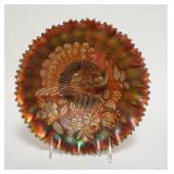 1086	NORTHWOOD 2 PEACOCKS AMETHYST CARNIVAL BOWL, PIE CRUST EDGE, BASKET WEAVE BACK, 8 3/4 IN
