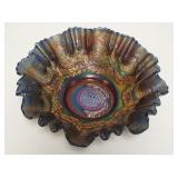 1087	FENTON 10 MUMS BLUE CARNIVAL BOWL, 3-1 EDGE, PLAIN BACK, 9 1/2 IN