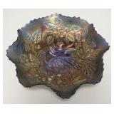 1088	FENTON BLUE PEACOCK & URN CARNIVAL BOWL, 8 RUFFLE, BEARDED BERRY BACK, 8 3/4 IN