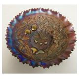 1089	NORTHWOOD STIPPLED 3 FRUITS AMETHYST CARNIVAL BOWL, PIE CRUST EDGE, RAYED BACK, ONE SPOT WHERE 