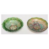 1094	2 FENTON GREEN CARNIVAL BOWLS, THISTLE & VINTAGE, THISTLE HAS RIBBON CANDY EDGE, VINTAGE IS ICE