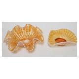 1095	2 DUGAN PEACH OPAL CARNIVAL BOWLS, 6 PETALS TRICORNER & PLAIN RAYS W/JEWELED HEART BACK RUFFLED