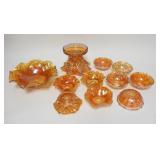 1096	11 PIECE LOT OF OLD MARIGOLD CARNIVAL GLASS, INCLUDES DIAMOND LACE, SMALL BERRIES, FASHION, PIN