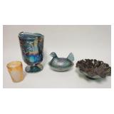 1097	4 PIECE CONTEMPORARY CARNIVAL GLASS, INDIANA, IMPERIAL & FENTON, FENTON SIGNATURE HAS BEEN GROU