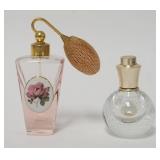 1103	2 ATOMIZERS, ONE W/CONTROLLED BUBBLES, ONE PINK GLASS MADE IN AUSTRIA W/PORCELAIN FLORAL MEDALL