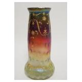 1105	BOHEMIAN CUT GLASS VASE W/GOLD ENAMEL, INVERTED THUMBPRINT, SHADED RED TO CLEAR W/GREEN FRIT, H