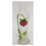 1106	RIBBED VERREDE SOIE ART GLASS VASE W/APPLIED BERRY & LEAVES, 8 1/4 IN HIGH