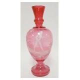 1108	LARGE CRANBERRY *MARY GREGORY* TYPE VASE, HAS 2 CHIPS AT THE TOP RIM, LIKELY EARLY 20TH CENTURY