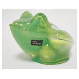 1109	DAUM CRYSTAL OVER GREEN GLASS FROG, SIGNED & ORIGINAL LABEL, 4 3/4 IN LONG X 3 1/2 IN HIGH