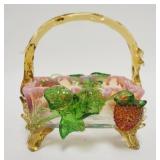 1110	VICTORIAN ART GLASS BASKET W/APPLIED STRAWBERRIES & LEAVES, AMBER THORN HANDLE, APPLIED GREEN L