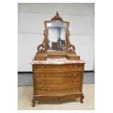 1115	VICTORIAN CARVED MARBLE TOP DRESSER W/MIRROR, SERPENTINE FRONT, MARBLE IS BEVELED, MIRROR IS BE