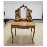 1116	VICTORIAN CARVED VANITY W/TRIPLE FOLDING BEVELED MIRROR, ONE DRAWER & 2 SMALLER DRAWERS IN THE 