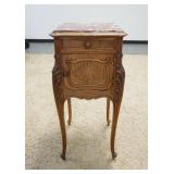 1117	CARVED VICTORIAN MARBLE TOP NIGHTSTAND, ONE DRAWER, ONE DOOR, 16 IN SQUARE X 36 IN HIGH