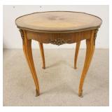 1125	BRASS MOUNTED INLAID TABLE, HAS ONE DRAWER, PATTERNED VENEER, 27 IN TOP X 27 3/4 IN HIGH