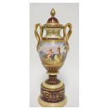 1126	HAND PAINTED VIENNA BOLTED COVERED URN, ENTWINED SNAKE HANDLES, 2 DIFFERENT SCENES, BLUE BEEHIV