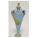 1127	ROYAL WORCESTER PEACOCK BOTTLE W/STOPPER, HAS 2 RELIEF PEACOCKS, HAND PAINTED, 9 3/4 IN HIGH