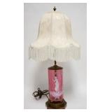 1136	CRANBERRY *MARY GREGORY* LAMP W/CLOTH BROCADE SHADE W/FRINGE, 32 1/2 IN HIGH