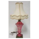 1137	CRANBERRY CUT TO CLEAR LAMP W/HAND PAINTED FLOWERS & GOLD ACCENTS, EMBROIDERED CLOTH SHADE
