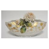 1156	PORCELAIN PLANTER W/APPLIED FLOWERS & LEAVES, SOME CHIPS ON THE LEAVES, BLUE MAKERS MARK, 9 3/4