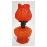 1157	RED SATIN GLASS MINIATURE LAMP, FLAKE AT THE TOP OF THE SHADE